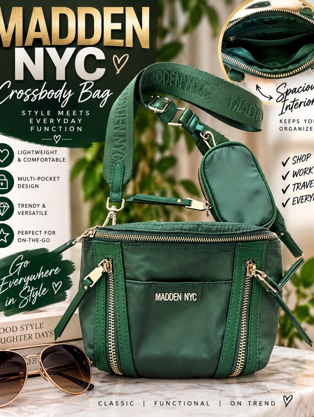 Madden NYC Olive Green Crossbody Bag Multi Pocket Adjustable Logo Strap